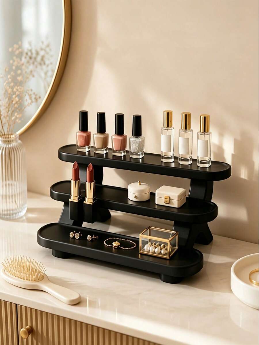 1pc Jewelry Storage Tray, 3-Tier Plastic Layered Storage Rack, Cosmetic Desktop Display Stand, Suitable For Bedroom, Bathroom, Vanity, Living Room, Office, Home Storage, Bathroom Accessories, Kitchen Accessories, Decorative Ornament, Halloween, Christmas Gift Best Choice For Friends