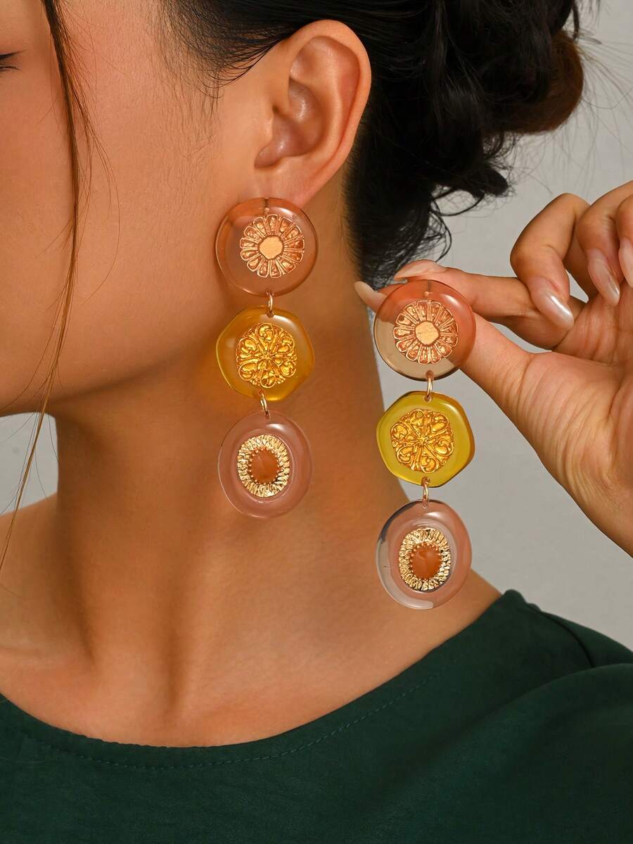 1 Pair Exaggerated Personalized Tie-Dye Geometric Resin Color-Block Multi-Layer Pendant Earrings Suitable For Women's Daily, Vacation And Party Wear - Multicolor - View 1