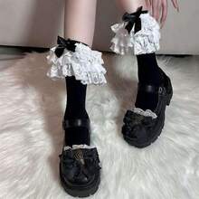 1 Pair Vintage Double Layer Lace Trim Mid-Calf Socks, Black Bow Sweet Slimming Mid-Calf Socks - Black - View 4