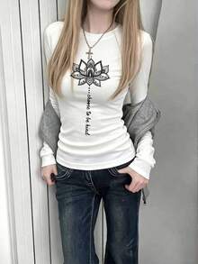 New Gen Z Y2K Short Long Sleeve T-Shirt Women's Design Print Spring Autumn Korean Style Round Neck Versatile Casual Slim Fit Top - White - View 4