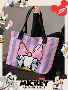 Miniso 迪士尼 Daisy Duck 帆布托特包，粉色與紫色垂直條紋印花，附手柄肩背包，適合日常使用 - 黑色 - 查看 4