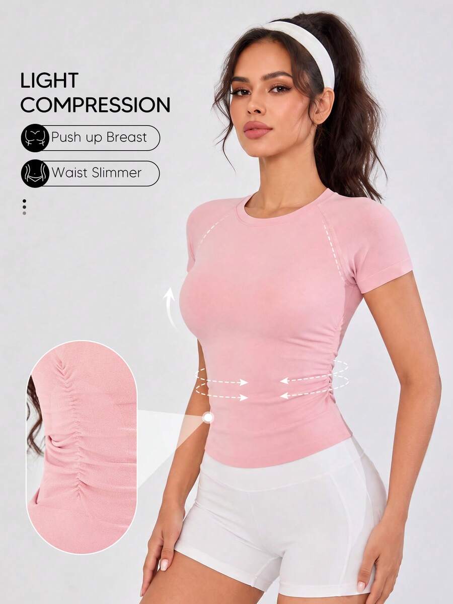 Suprenx 1件女款抓皺收腰修身竹纖維短袖上衣,舒適塑形T恤 - 淺粉色 - 查看 1