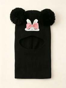 1Pc Children 1‑8Y Winter Knit Balaclava Helmet Hat, Cute Sleeping Rabbit , Two Big Fluffy Pom Pom Balls, Full Neck Cover Warm Keeping For Outdoor Use - Multicolor - View 7