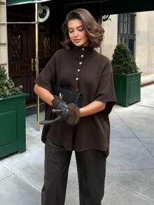FOR BEAUTY Fall Winter French Chic Brown Turtleneck Button Down Poncho Cape Knit Sweater Tops Outerwear Women Work Streetwear Outfits - Brown - View 4