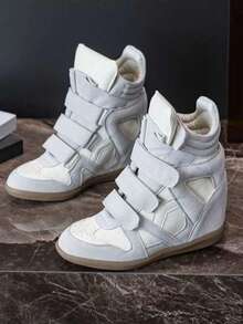 LiangJingJing Women's White High-Top Hidden Wedge Sneakers, 3-Strap Hook & Loop Design, Patchwork Upper, Retro Street Style Versatile Casual Shoes - Beige - View 1