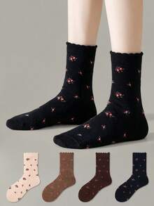 ZUJO 4 Pairs Women's Mid-Calf Socks With Bubble Lace Ruffle Trim And ...