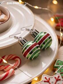 Christmas Ball Pendant Earrings For Women, White Snowflake Print Design, Silver Hook, Exaggerated Holiday Style - Green Stripes - View 3