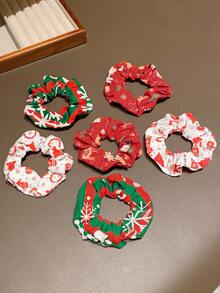 6pcs Cute Girl's Christmas Print Hair Scrunchies, Decorated With Santa Claus And Christmas Tree Holiday Patterns, Sweet Party Hair Accessories, Suitable For Dressing Up - Mixed color - View 4