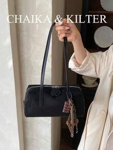 CHAIKA & KILTER 1件裝純色麂皮布料女款復古時尚啞光保齡球包，對比色絎縫縫線、雙手柄設計、拉鍊開合，適合日常與外出使用（附吊飾） - 黑色 - 查看 6