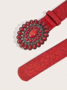 2pcs Women's Vintage Turquoise Print Leather Belts Suitable For Daily Use - Multicolor - View 4