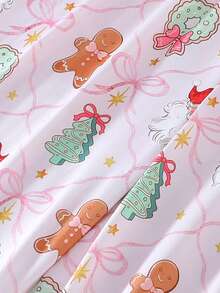 2pcs/Set Christmas Children's Short Sleeve Pajama Set, Flame Retardant Fabric, Cartoon Rhombus Grid Christmas Tree Gingerbread Man Print Pattern, Lapel Short Sleeve Top And Long Pants Set, Wearable All Seasons, Home Wear, Comfortable And Loose, Tween Girl - Baby Pink - View 7