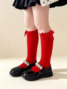 3 Pairs Kids Straight Tube Socks With Bowknot Decor, Solid Color Uniform Dress Socks For Teenagers - Red - View 2