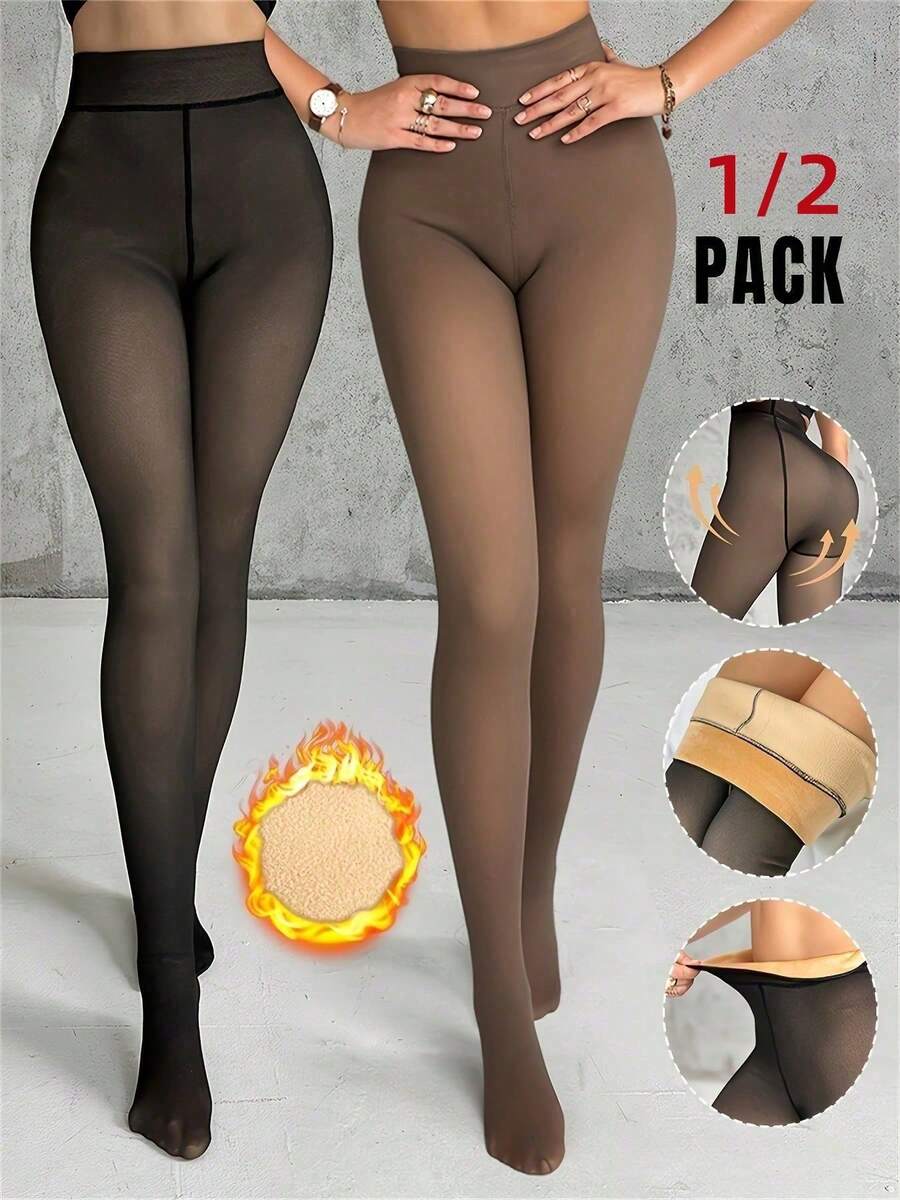 1/2 Pairs Thickened Warm Tights, High Elasticity Semi-Sheer High Waist Design, Suitable For Autumn/Winter, Comfortable And Warm