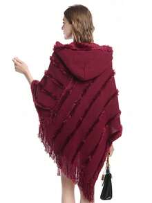 1pc Unisex Autumn/Winter Solid Color Tassel Hooded Knit Pullover Cape Shawl, Suitable For Daily Wear - Multicolor - View 5