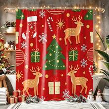 1pc Christmas Tree & Reindeer Shower Curtain, Vintage Design, Waterproof Bath Curtain, Suitable For Bathtub Partition, Bathroom Decor And Bathroom Accessories, Home Decor Gift, Includes 12 Hooks - Multicolor - View 9