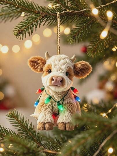 1pc Cute Highland Cow Christmas Hanging Ornament, Cartoon Animal Pendant With Colorful Light String, Christmas Tree Decoration, Party Decor