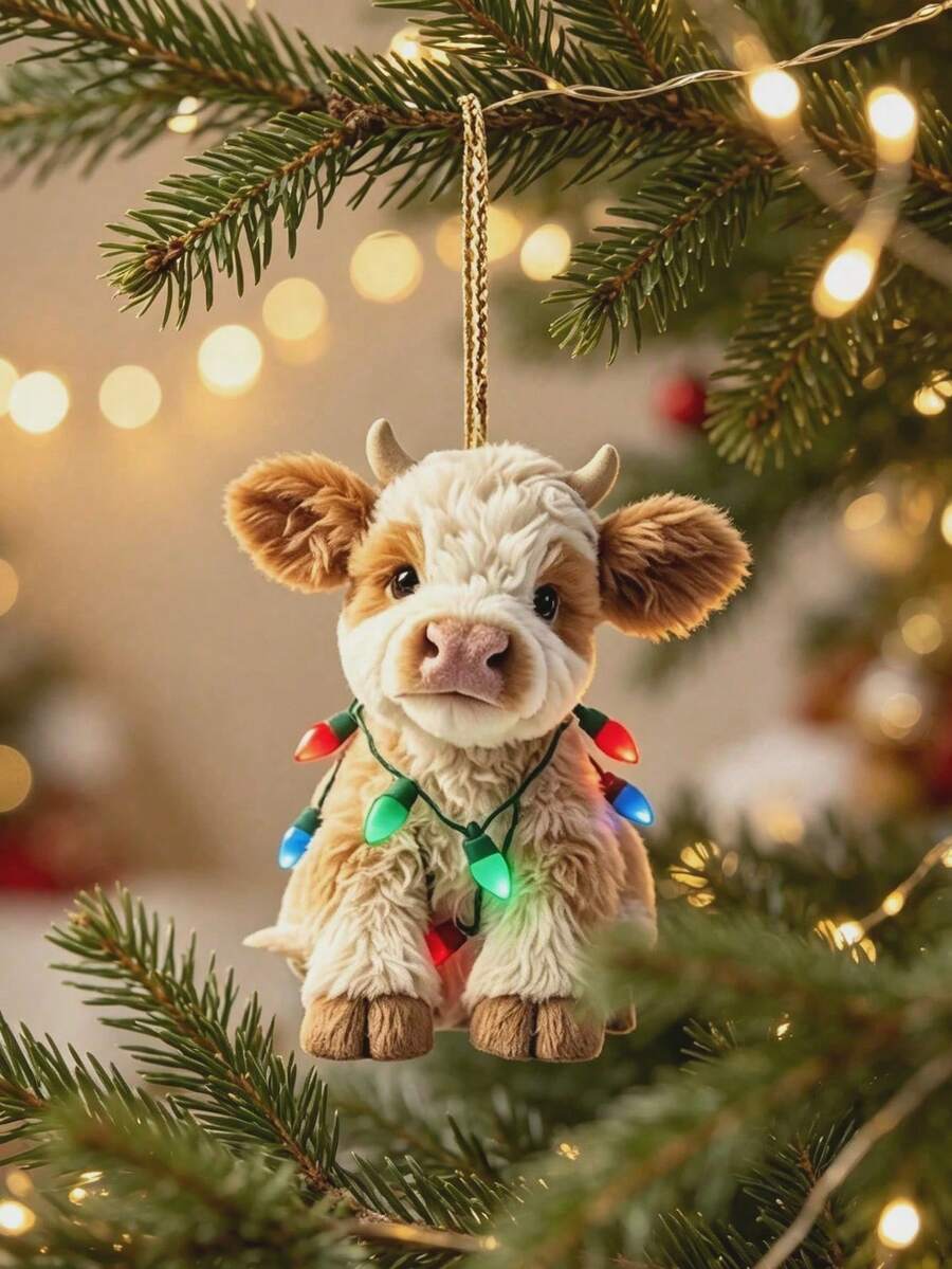 1pc Cute Highland Cow Christmas Hanging Ornament, Cartoon Animal Pendant With Colorful Light String, Christmas Tree Decoration, Party Decor - Multicolor - View 1
