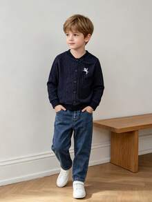 Boys' 2 Pieces Knit Cardigan & Denim Jeans Set, Simple Casual Daily Outfit, Long Sleeve, Spring/Autumn - Baby Blue - View 3