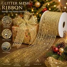 1 Roll Gold Glitter Mesh Ribbon With Metallic Edge, 5cm Wide, 5m Per Roll. Features Shiny Transparent Mesh With Large Sequins And Flexible Metallic Edge. Suitable For Making Bows, Christmas Trees - Multicolor - View 4
