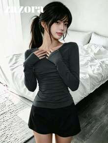 Kaos Dalaman/Kaos Luar Wanita Model Korea Slim Fit Elastis untuk Memperlangsingkan Tubuh, Awal Musim Gugur - Grey - View 7