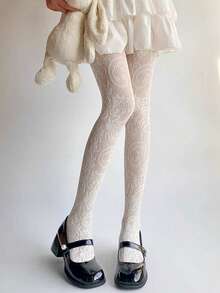 STAR RIVER Vintage White Lace Tights, Hollow Floral Fishnet Stockings Y2K Lolita - Multicolor - View 2