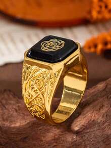 1pc Men's Business Fashion Luxury Vintage Personalized Black Ring, Wedding Engagement Party Jewelry Gift - Gold - View 2
