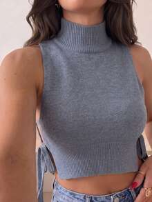 Casual Gray Sleeveless High Neck Knit Top With Side Tie Details, Ribbed Texture - Sexy Chic Style Ideal For Going Out, Festivals, City Strolls - Grey - View 1