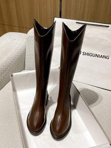 2026 Autumn New Chunky Heel Tall Boots, Versatile Fashion Knee-High Boots, Low Heel Pointed Toe Women's Shoes, Elegant Minimalist Below-The-Knee Boots - Brown - View 2