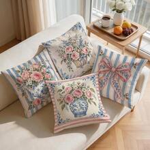 4pcs/1pc Blue And White Porcelain Pot Vintage Floral Pattern Pillow Case, Single-Sided Printed Pillow Case, Suitable For Living Room, Bedroom, Home Decor, All-Season Pillow Case - Multicolor - View 8