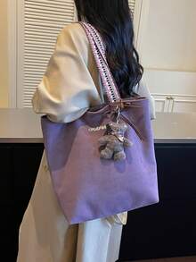 1件女款拼色單肩斜挎包，大容量亮片托特手提包，適合購物、通勤、送禮 - 紫色 - 查看 5