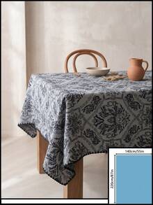 1pc Grey-Blue Base Black Vintage Damask Floral Pattern Tablecloth, Retro Classic Style Fabric Material, Rectangular Black Wavy Jagged Edge Detail, Stain-Resistant Protection For Tabletop And Decorative Enhancement, Suitable For Daily Home And Retro Classic Style Restaurant Decor - Black - View 19