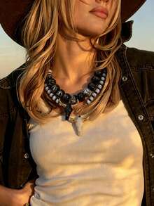 1pc Women's Western Bohemian Style Bull Head Tassel Necklace, Multi-Layer Brown Suede Cord With Gold Beads, Vintage Personalized Accessory - Multicolor - View 2