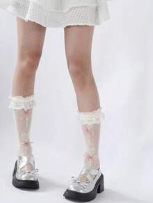 1雙女款甜美少女風可愛棒棒糖蝴蝶結中筒襪 - 黃色 - 查看 3