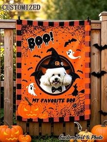 Customized Personalized Pet Photo Halloween Tapestry, Custom Pet Portrait Boo Ghost Pumpkin Wall Hanging Banner, Lightweight Halloween Background Decor, Suitable For Living Room Bedroom Dorm Party, Unique Spooky Halloween Housewarming Gift For Pet Lovers - Multicolor - View 2