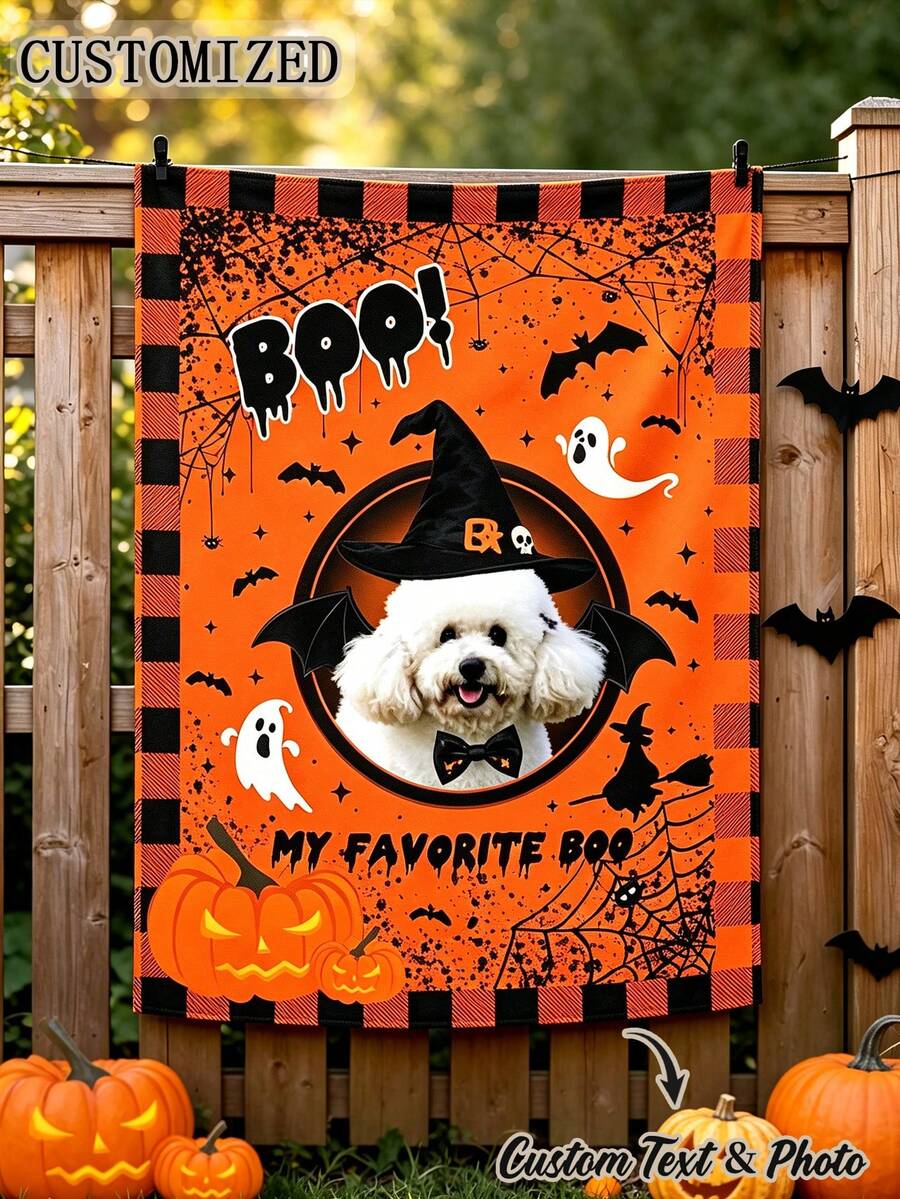 Customized Personalized Pet Photo Halloween Tapestry, Custom Pet Portrait Boo Ghost Pumpkin Wall Hanging Banner, Lightweight Halloween Background Decor, Suitable For Living Room Bedroom Dorm Party, Unique Spooky Halloween Housewarming Gift For Pet Lovers