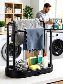 Space-Saving Sink Side Storage Rack, Double-Bar Napkin Drying Rack With Detachable Drip Tray, Multifunctional Countertop Organizer For Kitchen Sponges And Bathroom Toiletries, Home Storage Decor - Multicolor - View 2