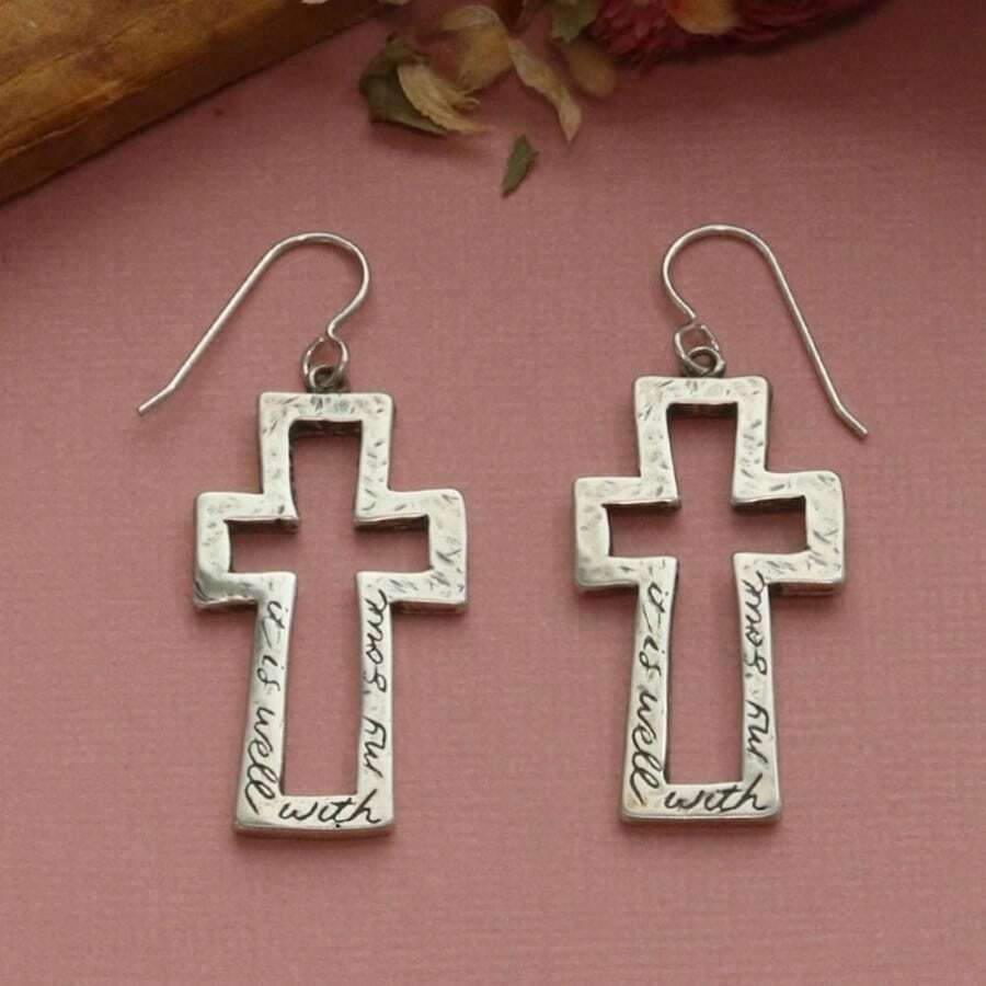 Vintage English Letter Pattern Cross Hollow Pendant Earrings, Handmade Women's Accessories, Suitable For Parties And Gatherings - Silver - View 1