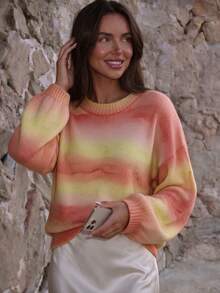 FOR BEAUTY Fall Winter Women Sweaters Y2K Chic Ombre Striped Crewneck Knit Tops Sunset Gradient Loose Pullover Lantern Sleeve Date Brunch Outfits - Multicolor - View 2