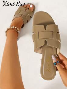 Ximi Ruo Spring Summer New Women's Fashion Casual One-Strap Slide Sandals, Comfortable Flat Low-Heel Round Toe Slip-On Beach Shoes, Versatile Decorative Outdoor Sandals For Women - Apricot - View 7