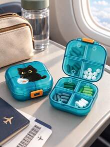 Cartoon Black Cat & Goldfish Round Portable Pill Box, Mini Compartment Medicine Storage Box, Portable Pill & Vitamin Dispenser, Suitable For Daily Commute, Business Trip, Travel, Home Use, Cute & Adorable Desktop Organizer, Personal Pill Dispensing Box - Multicolor - View 4