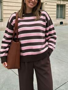 Women's New Autumn/Winter Striped Round Neck Long Sleeve Knit Top For Commuting And Daily Wear - Coffee - View 3