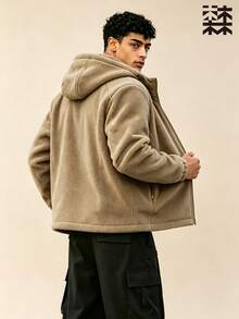 mulinsen Men's Hooded Zipper Fleece Jacket With Thick Lining For Warmth, Outdoor Casual Winter Loose Top - Khaki - View 3