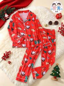 2pcs/Set Tween Girl Pajama Set, Cartoon Santa Claus & Reindeer Print, Lapel Long Sleeve With Elastic Waist Long Pants, Flame Retardant Knit Fabric, All Season Wear - Red - View 1