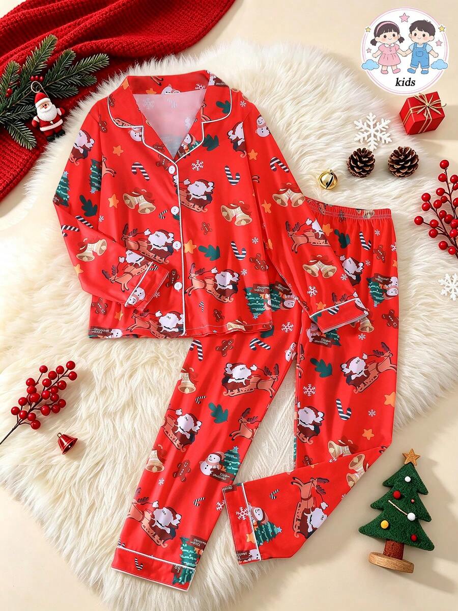2pcs/Set Tween Girl Pajama Set, Cartoon Santa Claus & Reindeer Print, Lapel Long Sleeve With Elastic Waist Long Pants, Flame Retardant Knit Fabric, All Season Wear - Red - View 1