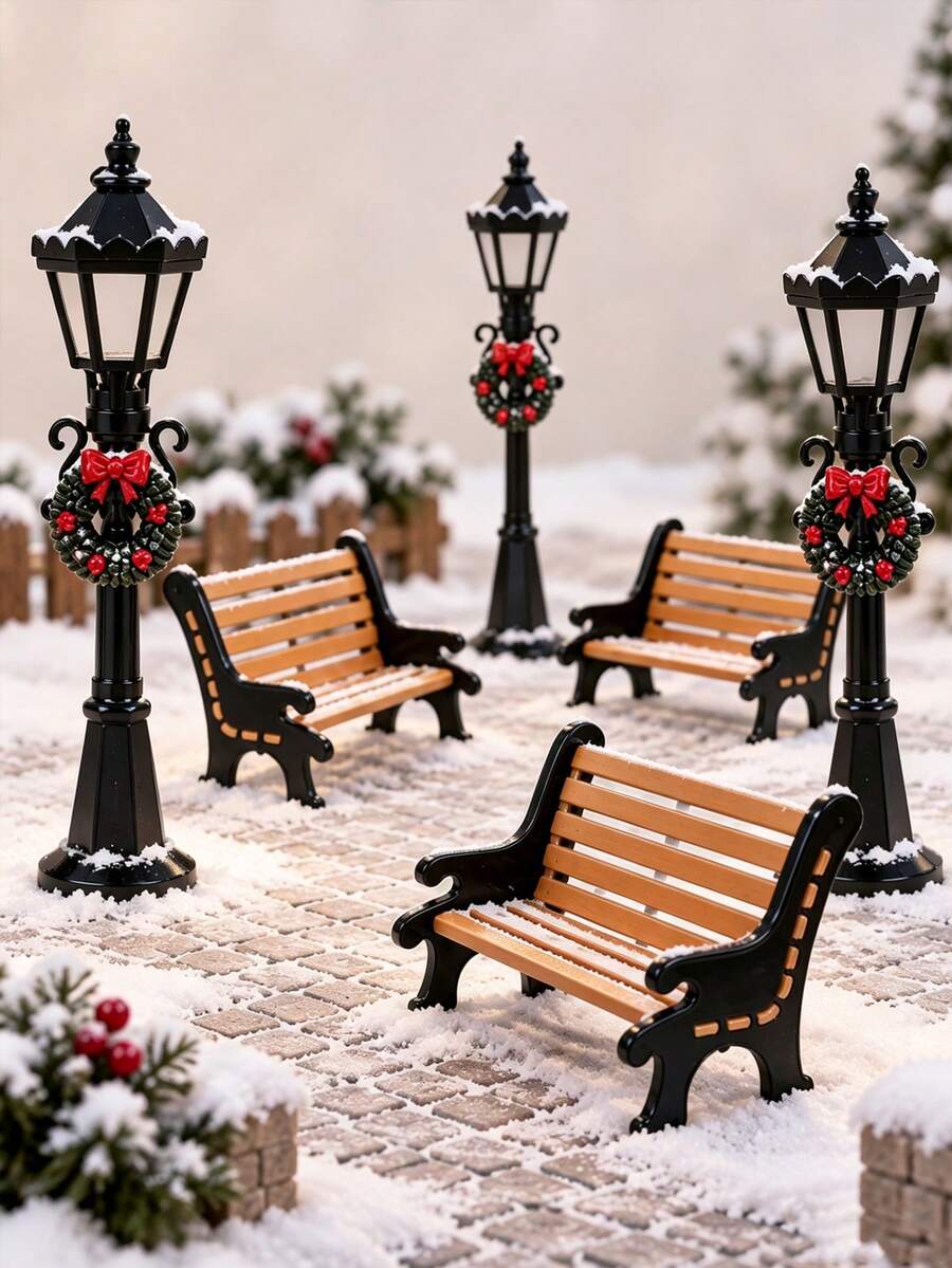 6/4/2/1pc Christmas Street Lamp & Bench Ornament Set, Christmas Decor, Christmas Wreath Decoration, Suitable For Winter Snow Scene Decoration, Christmas Scene Diorama, Desktop Display Decoration, Applicable For Holiday Tabletop Arrangement, Window Display, DIY Scene Assembly, Great For Christmas Atmosphere Decoration, Suitable For Desktop Landscaping, Christmas Decor