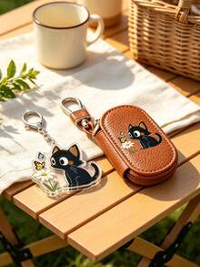 Black Cat Cartoon Cute Key Pouch, Cartoon Cute Car Remote Key Bag, Matching Cat Pendant, Zipper Closure, Unisex Multi-Function Car Key Storage Bag, Portable Coin Purse, Pendant Wrist Strap Keychain, Solid Color Minimalist Lychee Texture Women's Lychee Texture Key Bag, Universal Car Key Bag, Large Capacity Lightweight Home Key Bag, Ideal Gift For Cat Lovers, Can Be Used As Birthday Gift, Graduation Gift - Multicolor - View 7