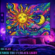 2D Flat Pattern Tapestry, Featuring A Sun And A Moon, With Vibrant Starry Sky And Constellation Patterns. It Glows Under Fluorescent Light, Suitable For Wall Decoration, Bedroom Background Decor, And Party Decoration. - Multicolor - View 7