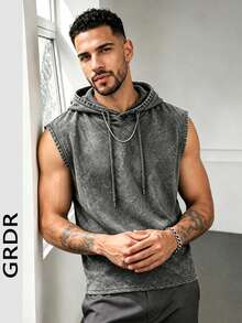 GRDR Summer Men's Vintage Minimalist Solid Color Washed Distressed Hooded Tank Top, Street Casual Fashion Loose Fit Versatile - Dark Grey - View 9