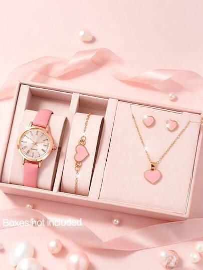 5 pezzi Set di orologio e gioielli a forma di cuore rosa romantico per donna, regalo di San Valentino, casual, quotidiano