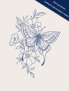 1pc Herbal Juice Semi-Permanent Magic Tattoo Sticker, Personalized Butterfly & Floral Pattern, Long-Lasting 14 Days, Non-Fading, Non-Reflective, Temporary Tattoo For Arm, Waist, Belly, Back, Leg, Body - Blue - View 6